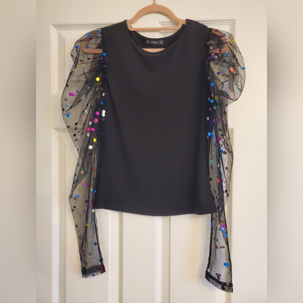 SHEIN Black Top with Colorful Confetti Mesh Sleeves